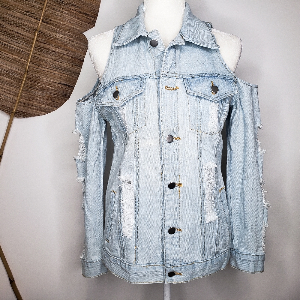 ⭐ Distressed Cold Shoulder Blue Jean Jacket - Picture 8 of 9